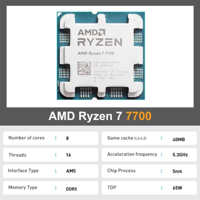 AMD Ryzen 7 7700, 5.3GHz, 8 cœurs, 16 threads (socket AM5) - Kf s f a efa e d da u - Mon Univers Tech