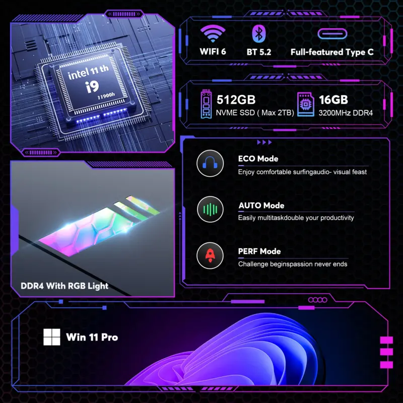 Mini PC Gaming Intel Core i9-11900H Processor RAM 16GB DDR4 512GB SSD - Kf scae a d f b c ed caf v - Mon Univers Tech