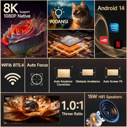 Vidéo projecteur portable Android 14 WiFi 6 Bluetooth 4K/8K - Kf s dca cfa a bd d l - Mon Univers Tech